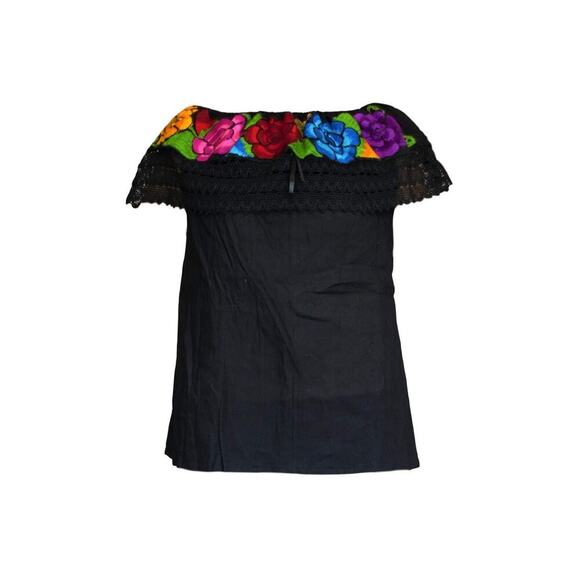Boho Floral Embroidered Off Shoulder Peasant Top Black Crochet Festival Blouse M - Picture 3 of 10
